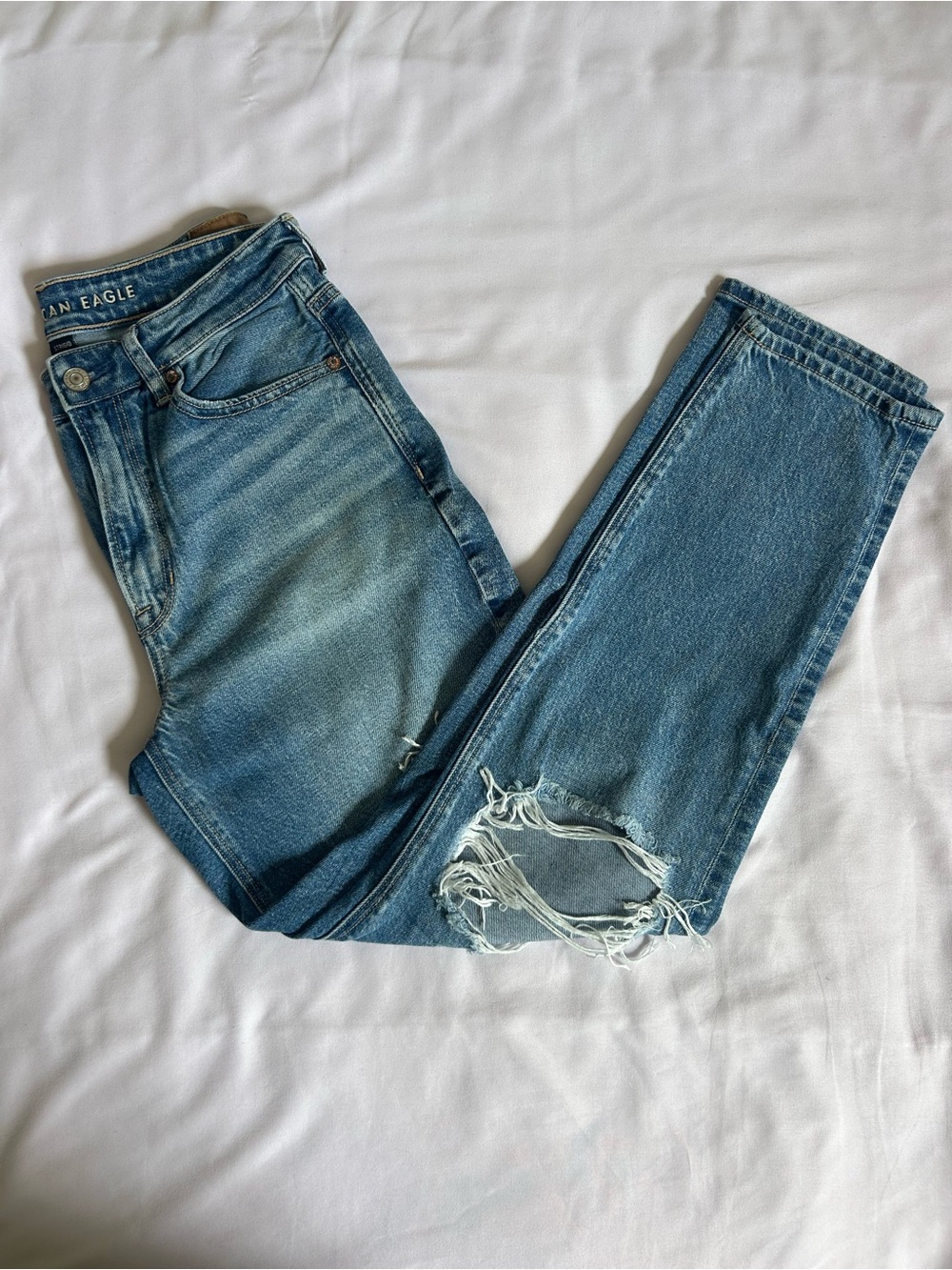 American Eagle Light Blue High Waisted Distressed Denim